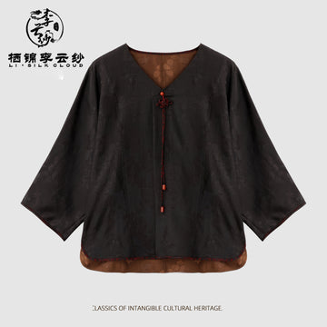 Xiangyunsha Chinese-style top · Handmade rope knotembellishment . Luxury Series  Guangdong Black Pearl Gambiered Guangdong Gauze xiangyunsha