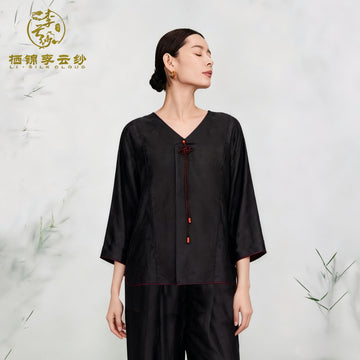 Xiangyunsha Chinese-style top · Handmade rope knotembellishment . Luxury Series  Guangdong Black Pearl Gambiered Guangdong Gauze xiangyunsha