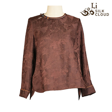 Top，100% Mulberry Silk，Chinese Style Long Sleeve，Elegant Silk Guangdong Black Pearl Gambiered Guangdong Gauze xiangyunsha
