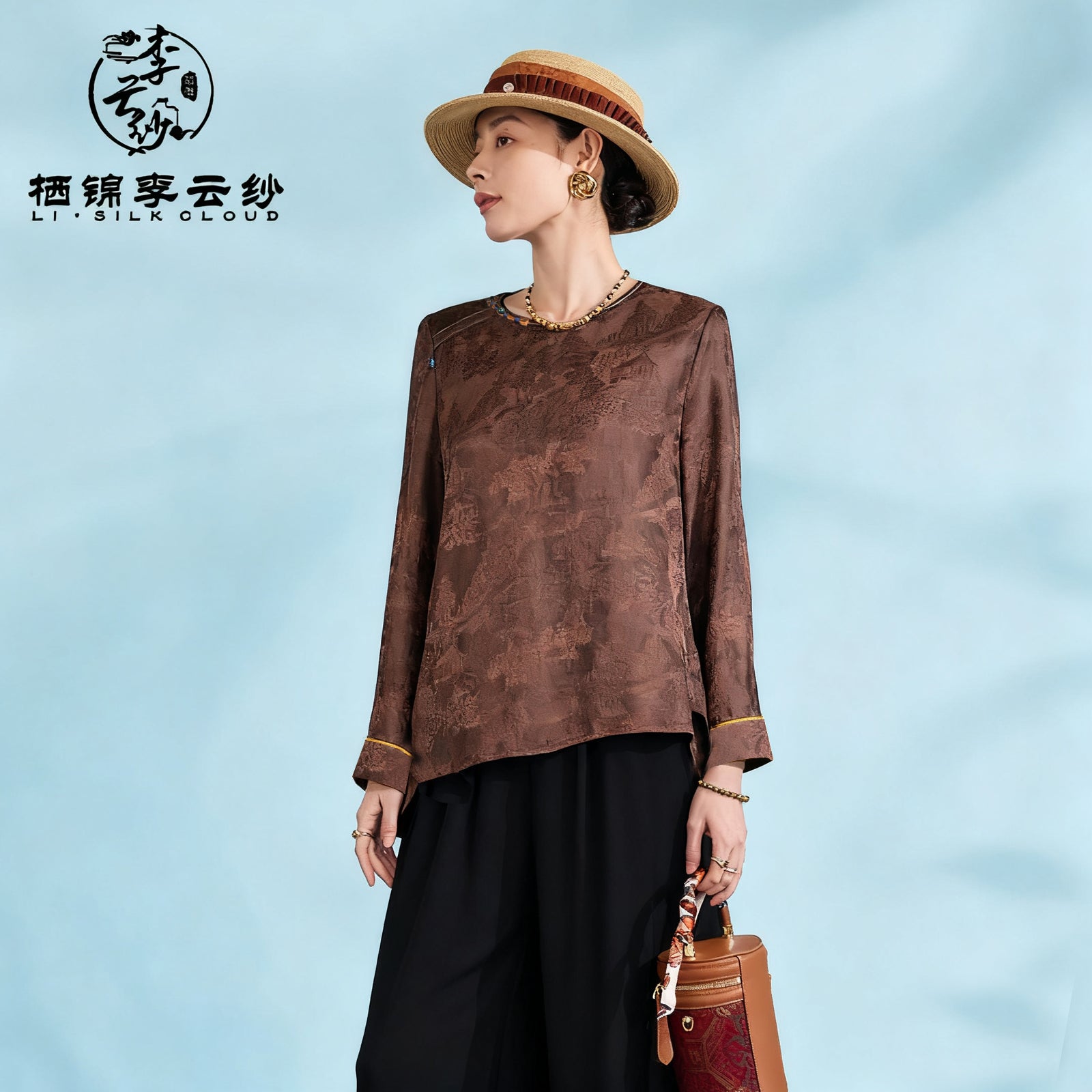 Top，100% Mulberry Silk，Chinese Style Long Sleeve，Elegant Silk Guangdong Black Pearl Gambiered Guangdong Gauze xiangyunsha