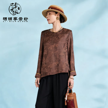 Top，100% Mulberry Silk，Chinese Style Long Sleeve，Elegant Silk Guangdong Black Pearl Gambiered Guangdong Gauze xiangyunsha