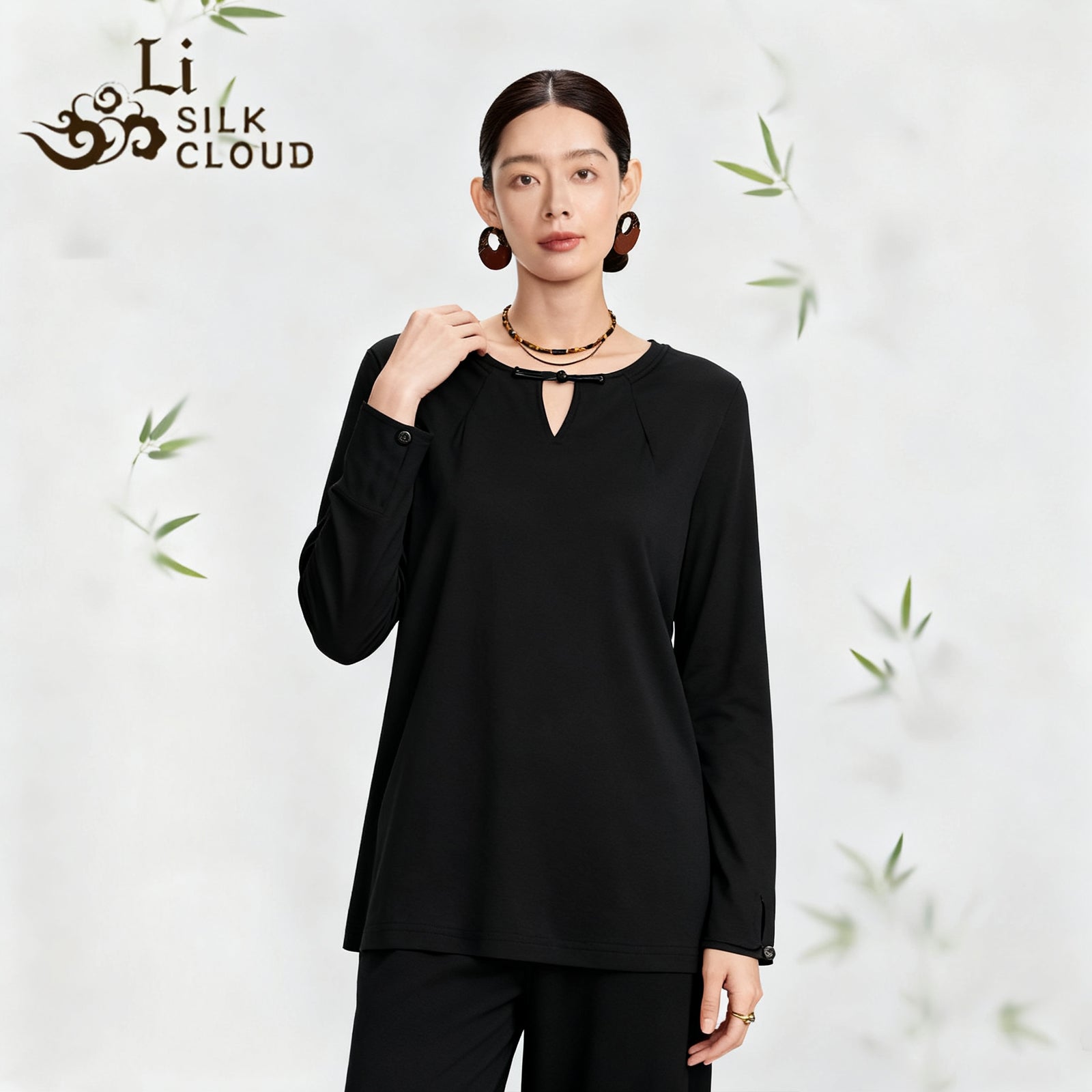 Wool Long Sleeve Top - 100% Pure Wool, Soft Warm Elegant Casual Guangdong Black Pearl Gambiered Guangdong Gauze xiangyunsha