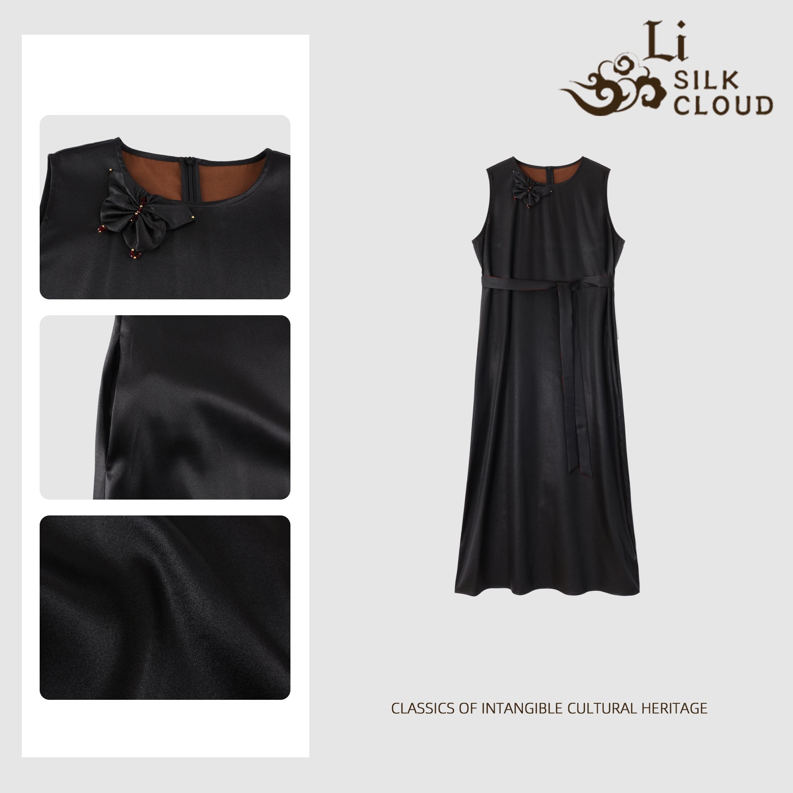 Guangdong Black Pearl Gambiered Guangdong Gauze xiangyunsha Dress, Natural Tuberose Dye, Ancient Sun-Drying Craft, Drapable & Wrinkle-Resistant, Hides Hips & Fat for All Body Types