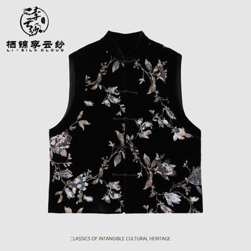 Xiangyunsha waistcoat . Handmade button fastenings · Floraland bird motifs Guangdong Black Pearl Gambiered Guangdong Gauze xiangyunsha