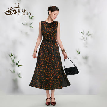 Dress，Skin-Friendly Silk Fabric, Ditsy Floral Patterns, Elegant Guangdong Black Pearl Gambiered Guangdong Gauze xiangyunsha