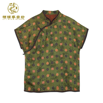 Stand-Collar Short Sleeve Top，Ancient Style Oriental Patterns Guangdong Black Pearl Gambiered Guangdong Gauze xiangyunsha
