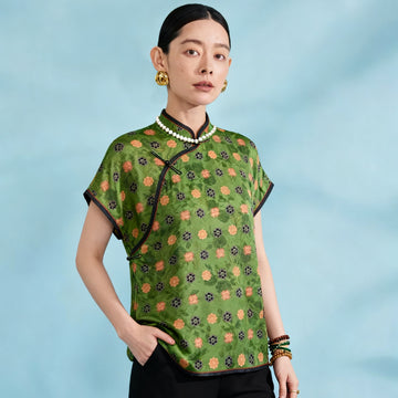 Stand-Collar Short Sleeve Top，Ancient Style Oriental Patterns Guangdong Black Pearl Gambiered Guangdong Gauze xiangyunsha