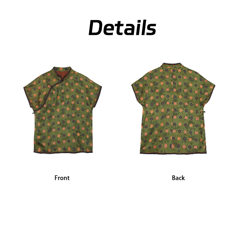 Stand-Collar Short Sleeve Top，Ancient Style Oriental Patterns Guangdong Black Pearl Gambiered Guangdong Gauze xiangyunsha