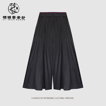 Wide-Leg Trousers - Traditional Chinese Fabric, Flowy Loose Fit Guangdong Black Pearl Gambiered Guangdong Gauze xiangyunsha