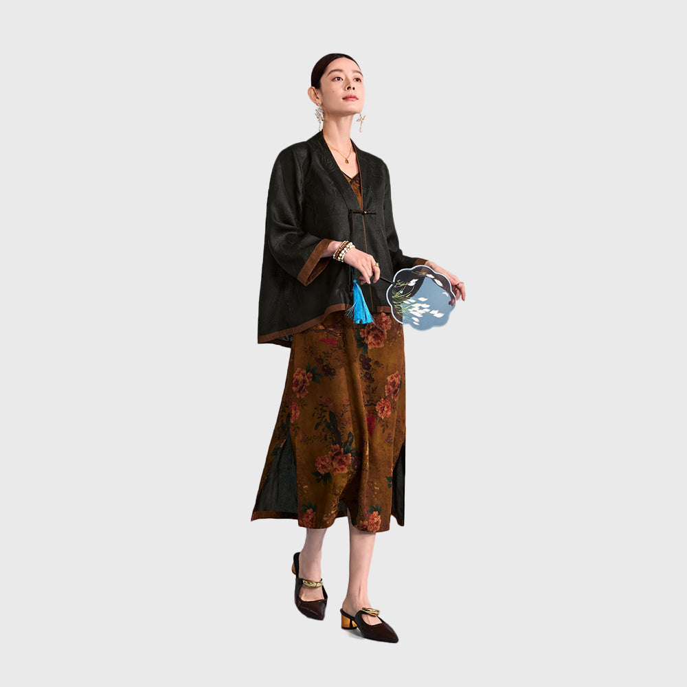 Xiangyunsha Chinese Coat |Traditional Knot Accents |40°Cstill fresh and elegant|Guangdong Black Pearl GambieredGuangdong Gauze xiangyunsha