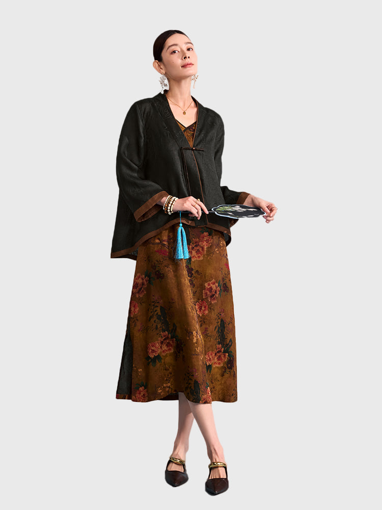 Xiangyunsha Chinese Coat |Traditional Knot Accents |40°Cstill fresh and elegant|Guangdong Black Pearl GambieredGuangdong Gauze xiangyunsha