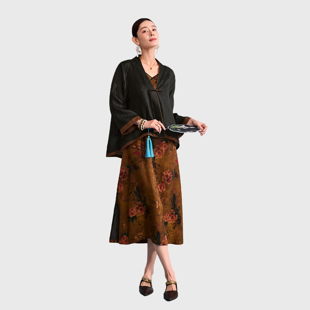 Xiangyunsha Chinese Coat |Traditional Knot Accents |40°Cstill fresh and elegant|Guangdong Black Pearl GambieredGuangdong Gauze xiangyunsha
