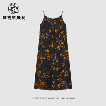 100% Silk Satin Slip Dress Xiangyunsha Chinese stylesmooth Slim Fit|Guangdong Black Pearl GambieredGuangdong Gauze xiangyunsha