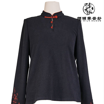 Long Sleeve Top，Classic Knot Buttons Oriental  Guangdong Black Pearl Gambiered Guangdong Gauze xiangyunsha