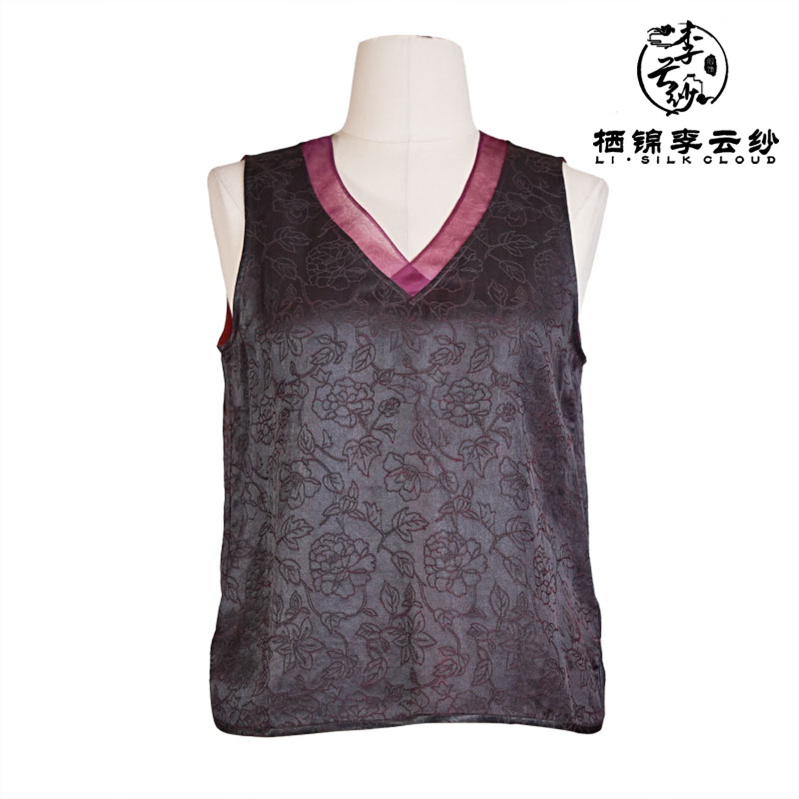 V-Neck Camisole Top ，Elegant Sleeveless Blouse, Oriental Silk Vest Guangdong Black Pearl Gambiered Guangdong Gauze xiangyunsha