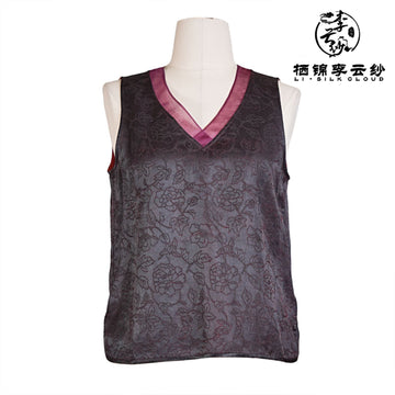 V-Neck Camisole Top ，Elegant Sleeveless Blouse, Oriental Silk Vest Guangdong Black Pearl Gambiered Guangdong Gauze xiangyunsha