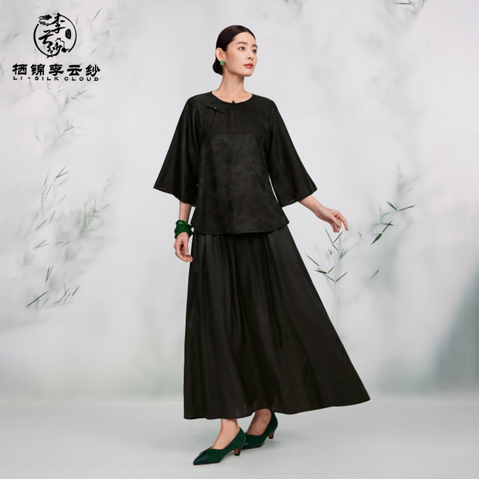 Skirt - Mulberry Silk, Retro Prints, Traditional Hanfu-Inspired Half Skirt Guangdong Black Pearl Gambiered Guangdong Gauze xiangyunsha