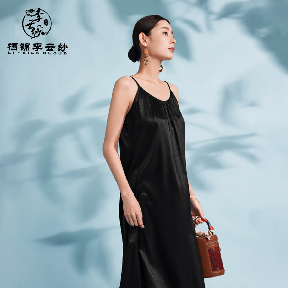 Dress - Pure Black Drapey Silk Long Dress, Chinese Style Retro Dress for Inner/Outer Wear Guangdong Black Pearl Gambiered Guangdong Gauze xiangyunsha