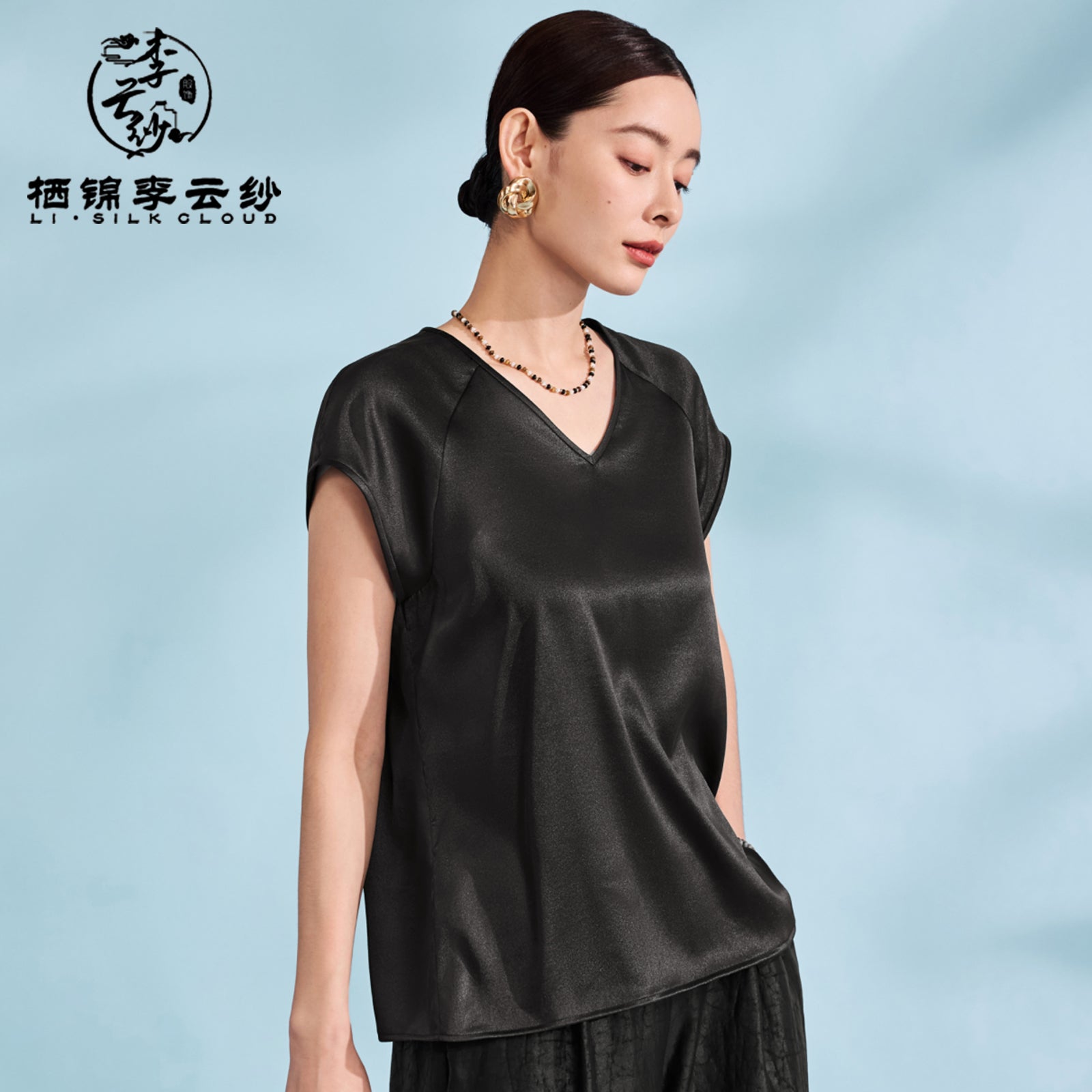 Short Sleeve Blouse Casual Summer Silk Top，Guangdong Black Pearl Gambiered Guangdong Gauze xiangyunsha