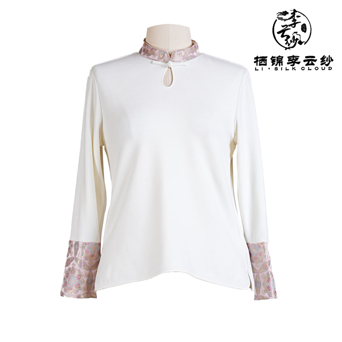 LI SILK CLOUD Top Stand Collar Draping Slim-fit Mulberry Silk Long Sleeve Office Blouse