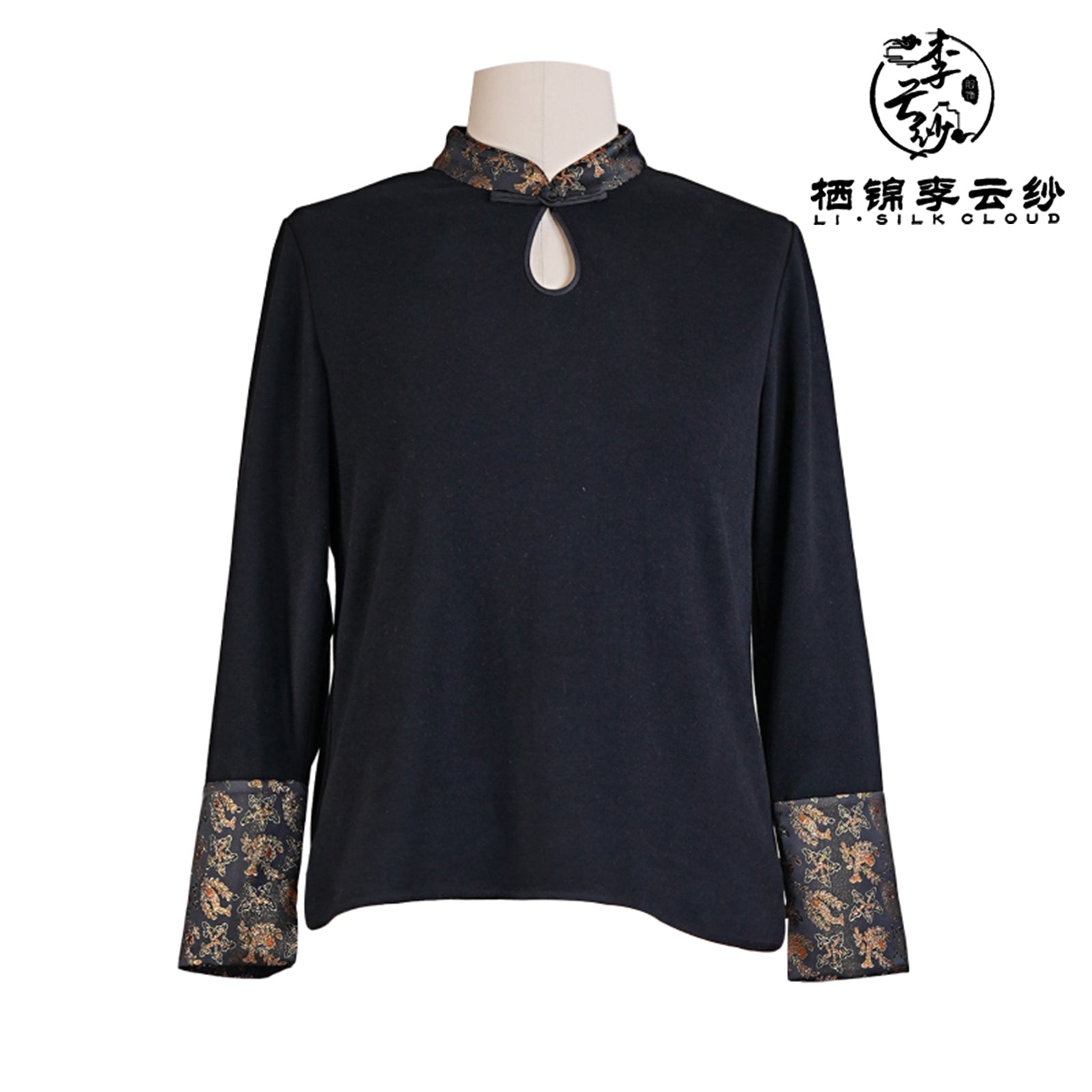 LI SILK CLOUD Top Stand Collar Draping Slim-fit Mulberry Silk Long Sleeve Office Blouse