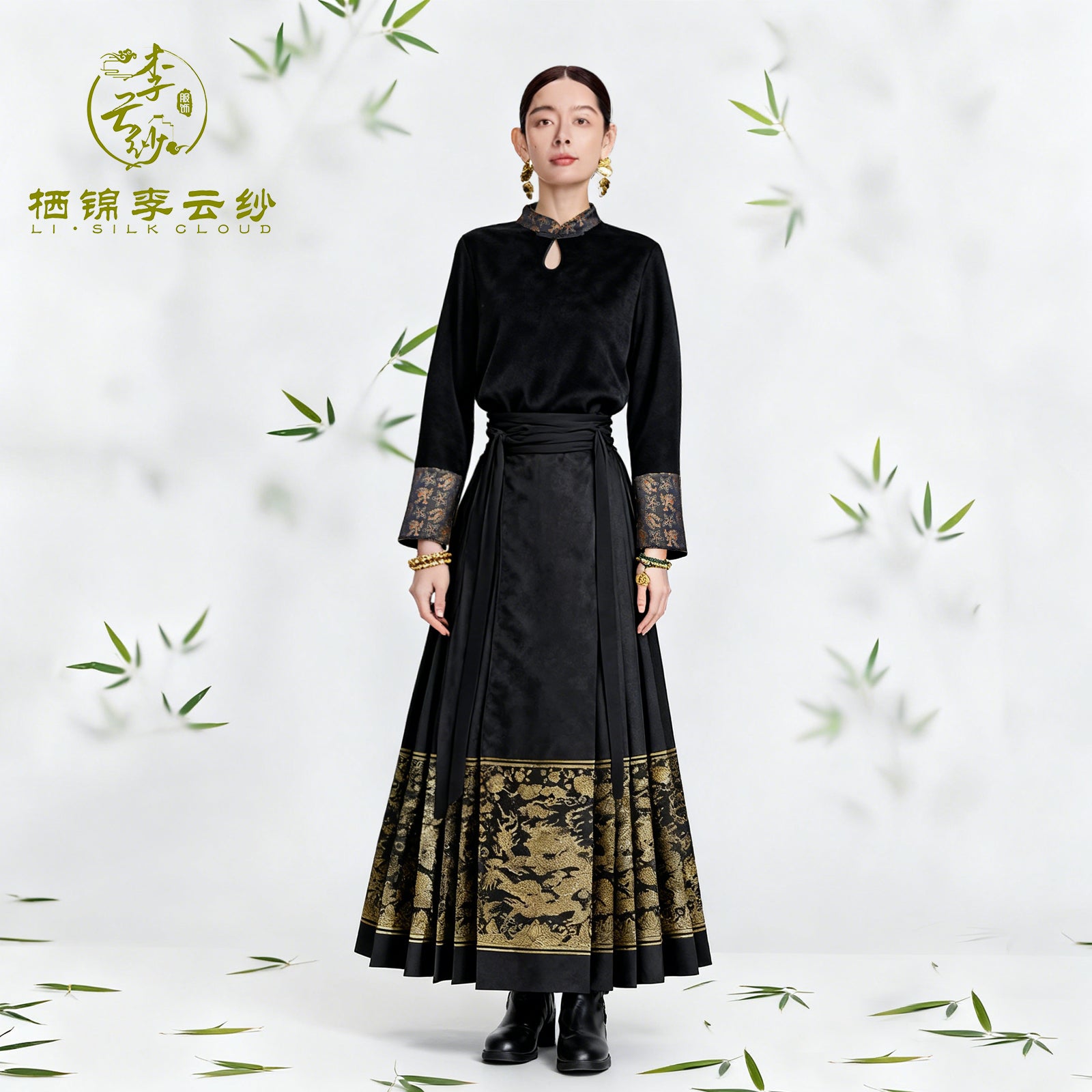 LI SILK CLOUD Top Stand Collar Draping Slim-fit Mulberry Silk Long Sleeve Office Blouse