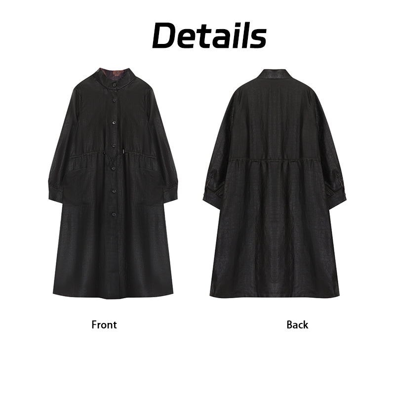 Black Xiangyunsha Coat - Drawstring Waist & Hidden Pockets Guangdong Black Pearl Gambiered Guangdong Gauze xiangyunsha