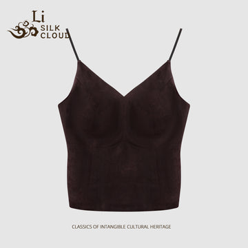 V-Neck Camisole - 100% Mulberry Silk, Chinese Style, Elegant Sleevel Guangdong Black Pearl Gambiered Guangdong Gauze xiangyunsha