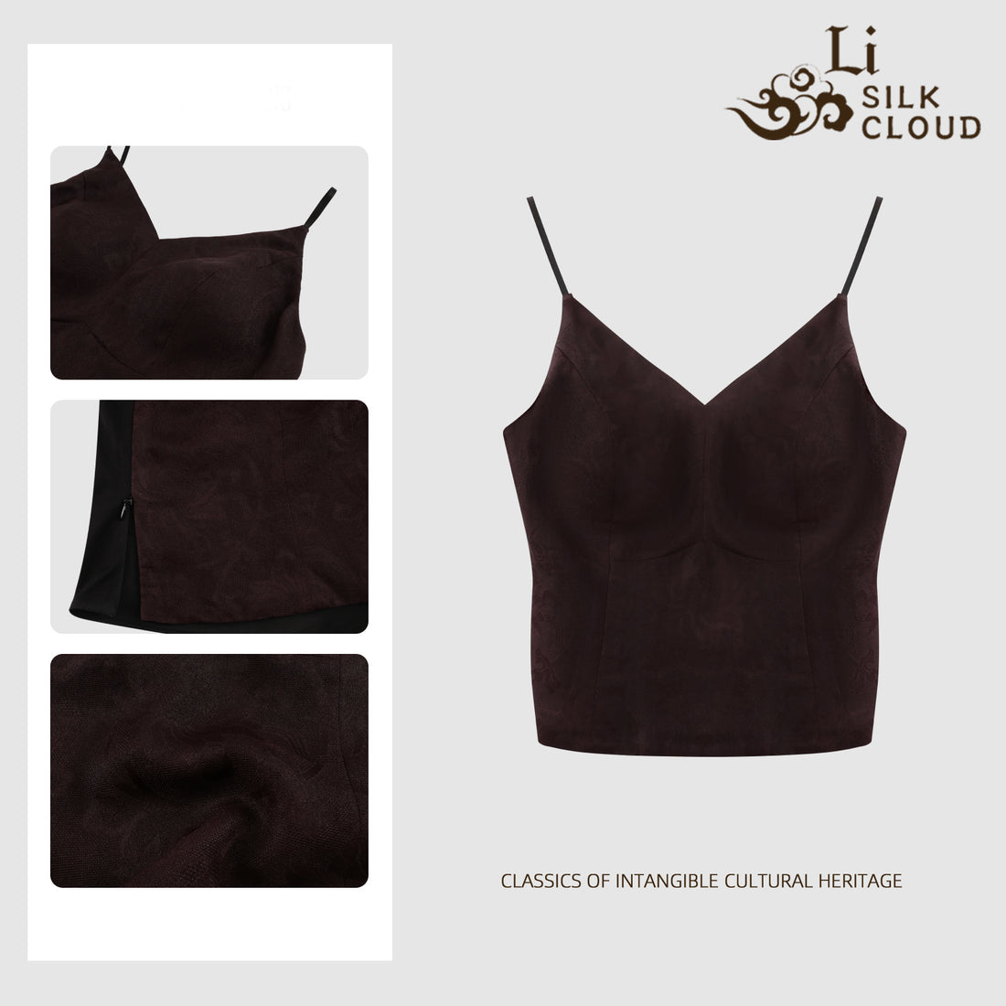 V-Neck Camisole - 100% Mulberry Silk, Chinese Style, Elegant Sleevel Guangdong Black Pearl Gambiered Guangdong Gauze xiangyunsha