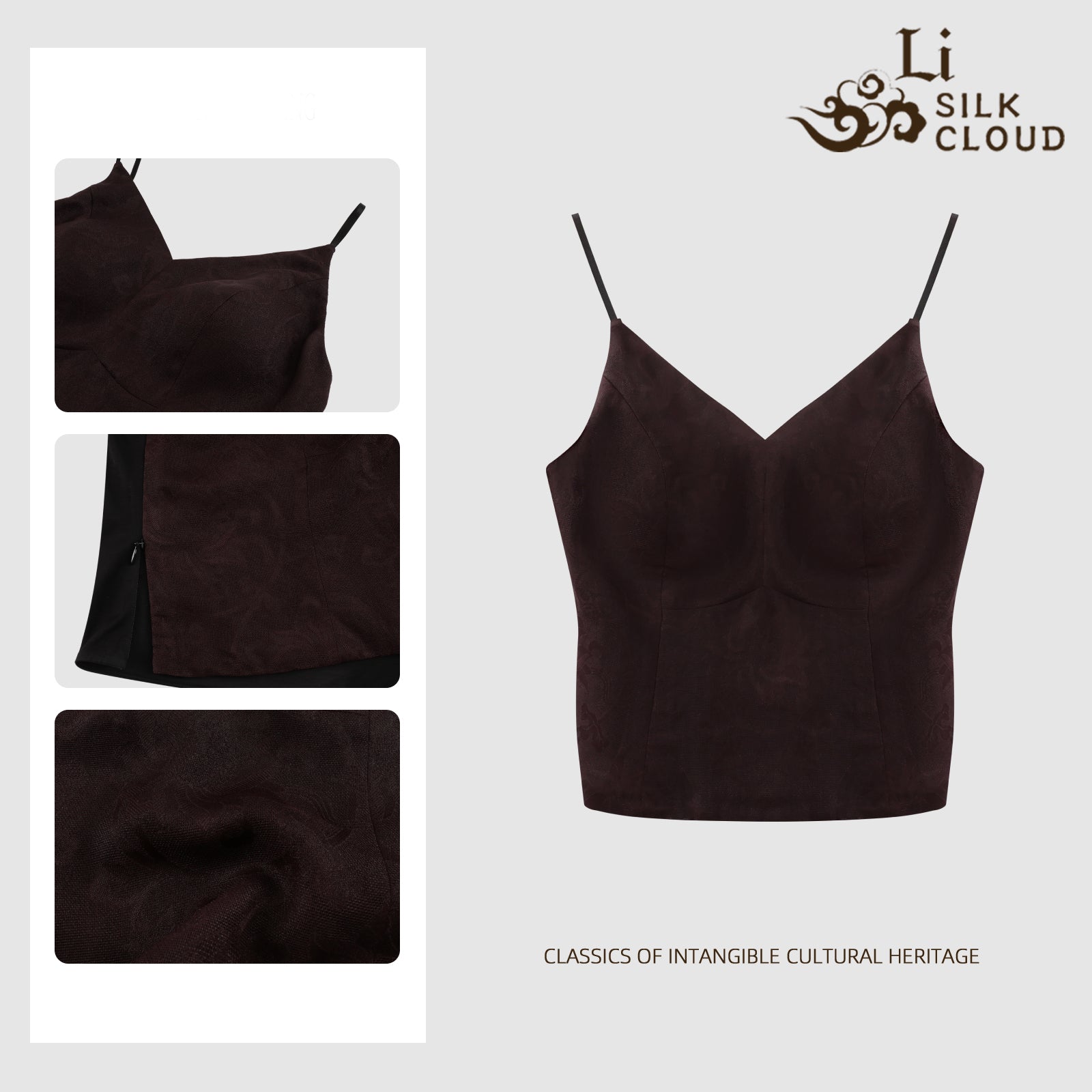 V-Neck Camisole - 100% Mulberry Silk, Chinese Style, Elegant Sleevel Guangdong Black Pearl Gambiered Guangdong Gauze xiangyunsha