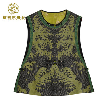 Vest - New Chinese Style, Loose Fit, Traditional EmbroideryWaistcoat Guangdong Black Pearl Gambiered Guangdong Gauze xiangyunsha