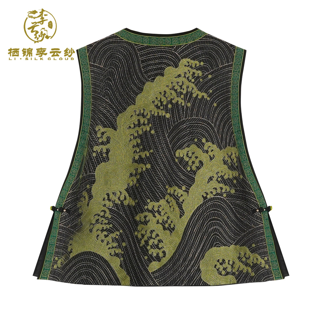 Vest - New Chinese Style, Loose Fit, Traditional EmbroideryWaistcoat Guangdong Black Pearl Gambiered Guangdong Gauze xiangyunsha