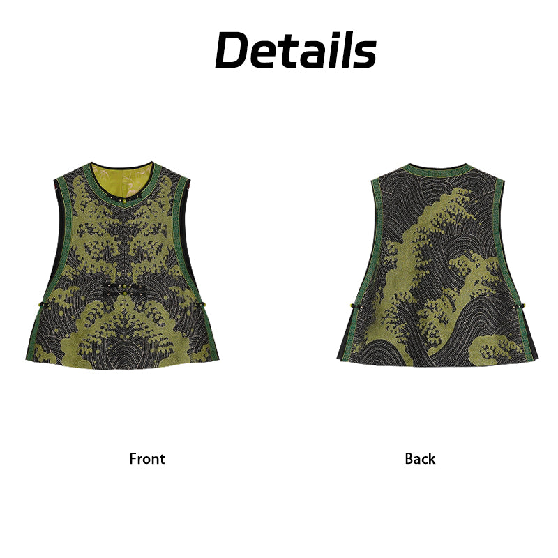 Vest - New Chinese Style, Loose Fit, Traditional EmbroideryWaistcoat Guangdong Black Pearl Gambiered Guangdong Gauze xiangyunsha