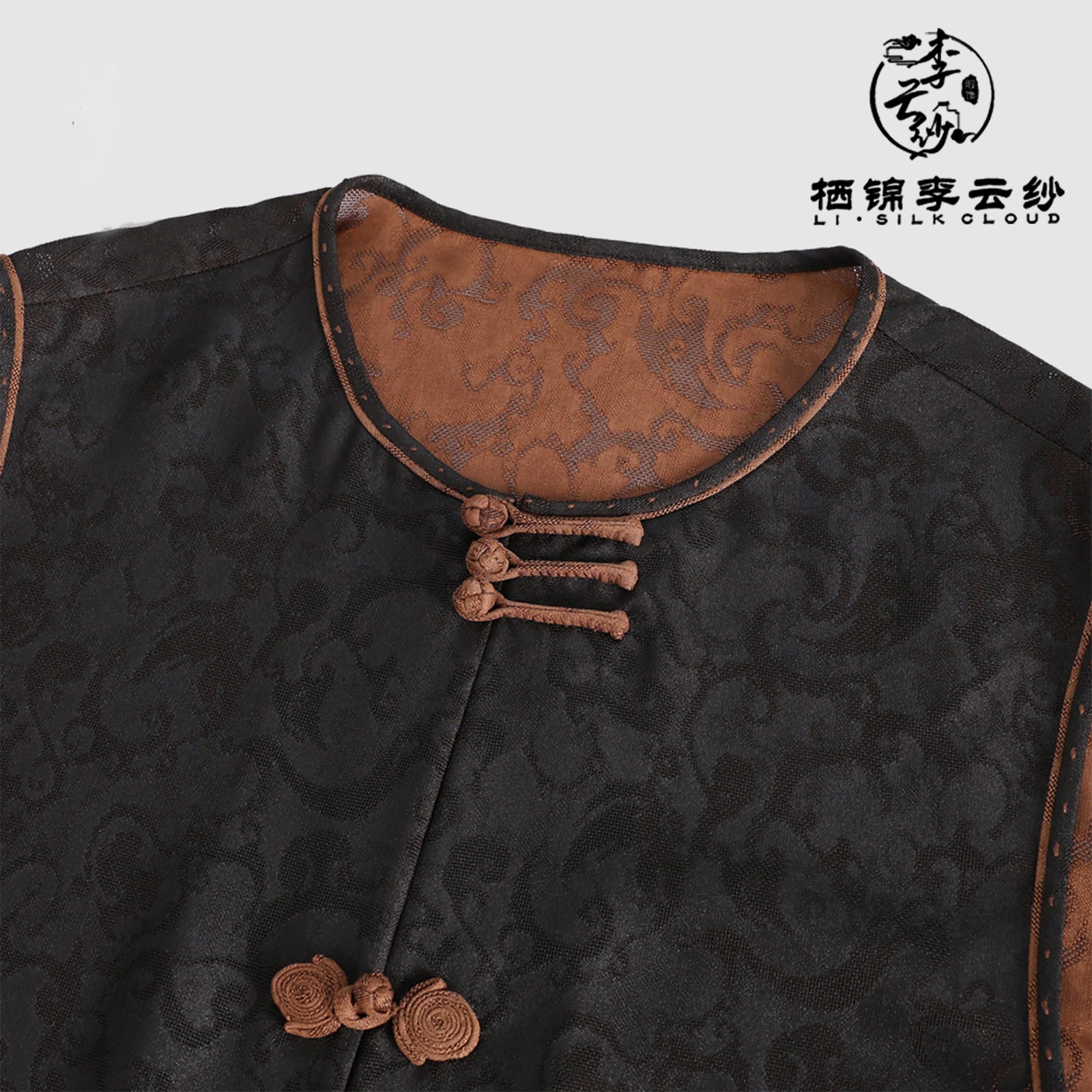 Vest - 100% Mulberry Silk, Loose Fit, Traditional Oriental Sleevele Guangdong Black Pearl Gambiered Guangdong Gauze xiangyunsha