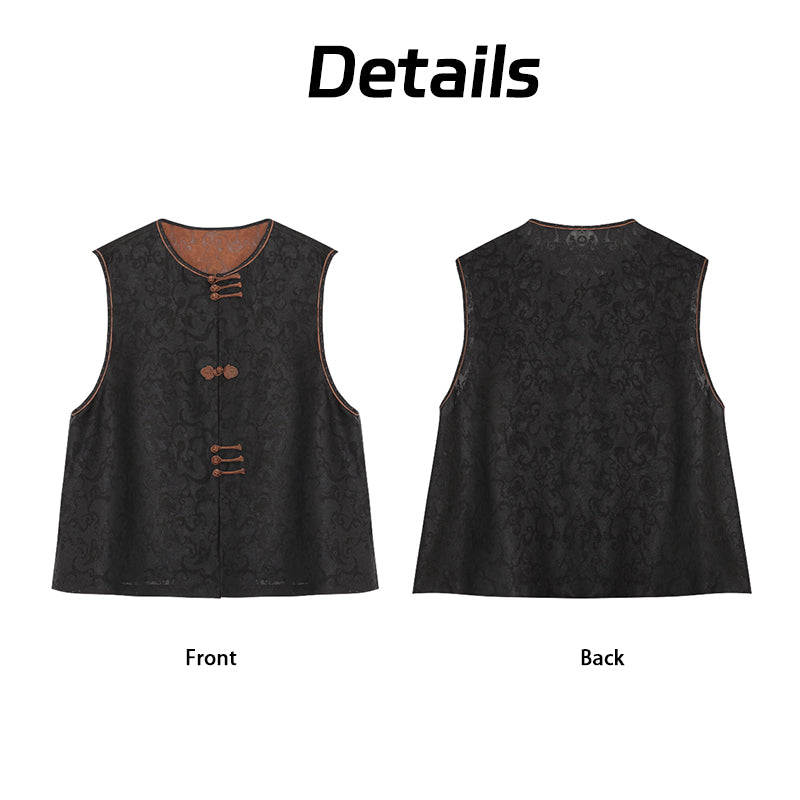 Vest - 100% Mulberry Silk, Loose Fit, Traditional Oriental Sleevele Guangdong Black Pearl Gambiered Guangdong Gauze xiangyunsha