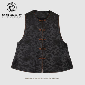 Vest - Skin-Friendly Silk Fabric, Elegant Oriental Sleeveless Gilet Guangdong Black Pearl Gambiered Guangdong Gauze xiangyunsha