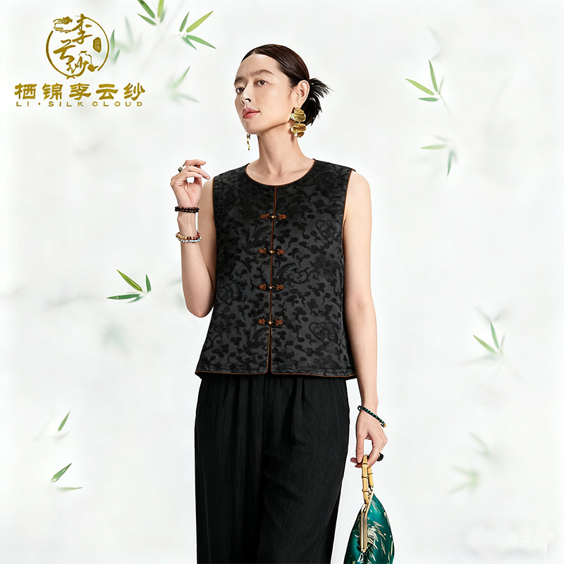 Vest - Skin-Friendly Silk Fabric, Elegant Oriental Sleeveless Gilet Guangdong Black Pearl Gambiered Guangdong Gauze xiangyunsha