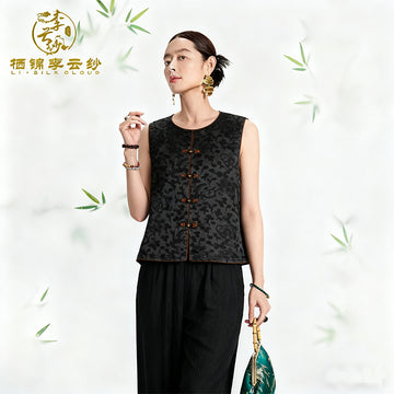 Vest - Skin-Friendly Silk Fabric, Elegant Oriental Sleeveless Gilet Guangdong Black Pearl Gambiered Guangdong Gauze xiangyunsha