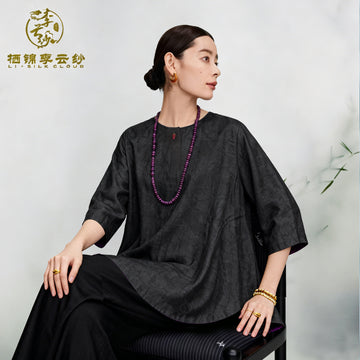 long Sleeve Top - 100% Mulberry Silk, Comfortable Breathable Guangdong Black Pearl Gambiered Guangdong Gauze xiangyunsha