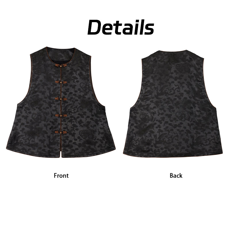 Vest - Skin-Friendly Silk Fabric, Elegant Oriental Sleeveless Gilet Guangdong Black Pearl Gambiered Guangdong Gauze xiangyunsha