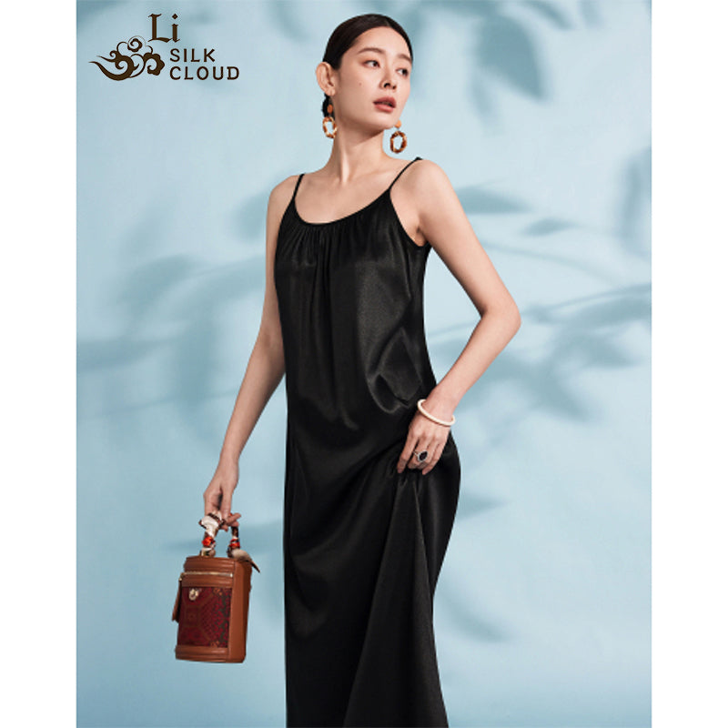 LI SILK CLOUD Women's Black Silk Xiangyunsha Slip Dress - Traditional Dyeing Craft, Stylish Camisole Design