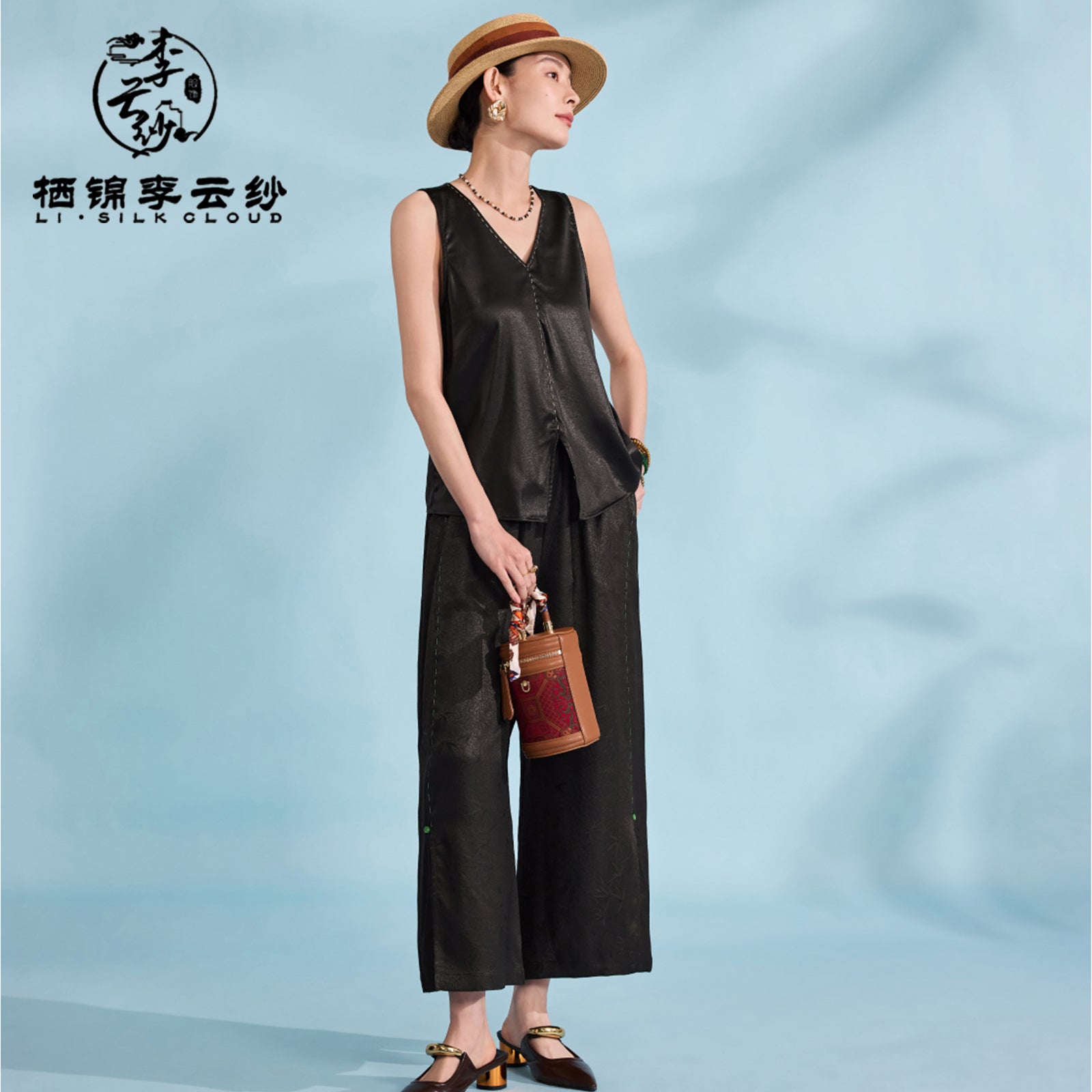 Camisole Top - Pure Black Drapey Mulberry Silk Vest, Traditional Craft for Inner/Outer Wear,Guangdong Black Pearl Gambiered Guangdong Gauze xiangyunsha