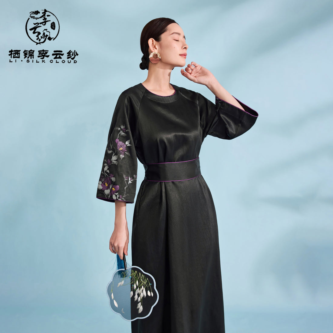 Dress - Skin-Friendly Glossy Silk, Exquisite Embroidery Patterns Guangdong Black Pearl Gambiered Guangdong Gauze xiangyunsha