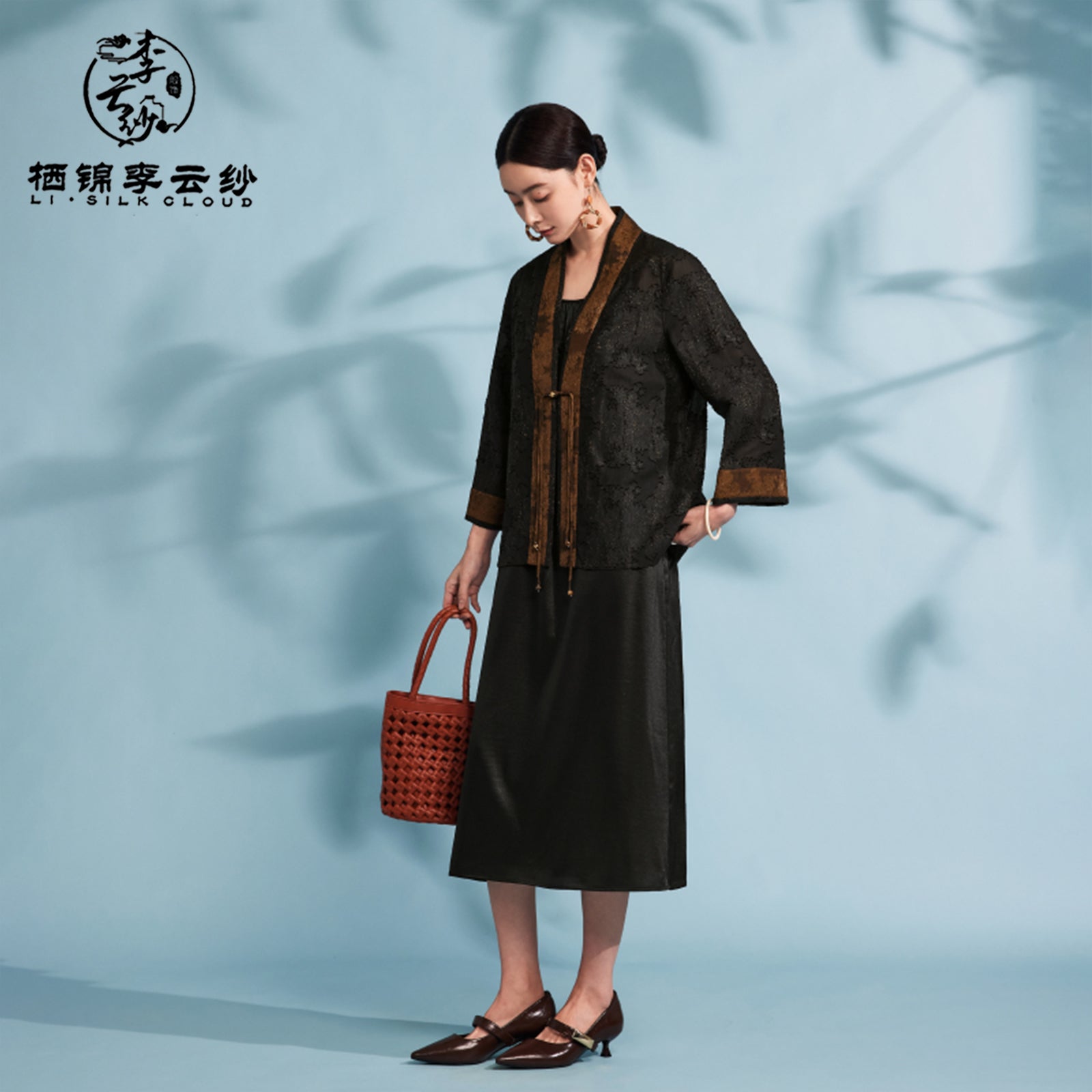 Dress - Pure Black Drapey Silk Long Dress, Chinese Style Retro Dress for Inner/Outer Wear Guangdong Black Pearl Gambiered Guangdong Gauze xiangyunsha