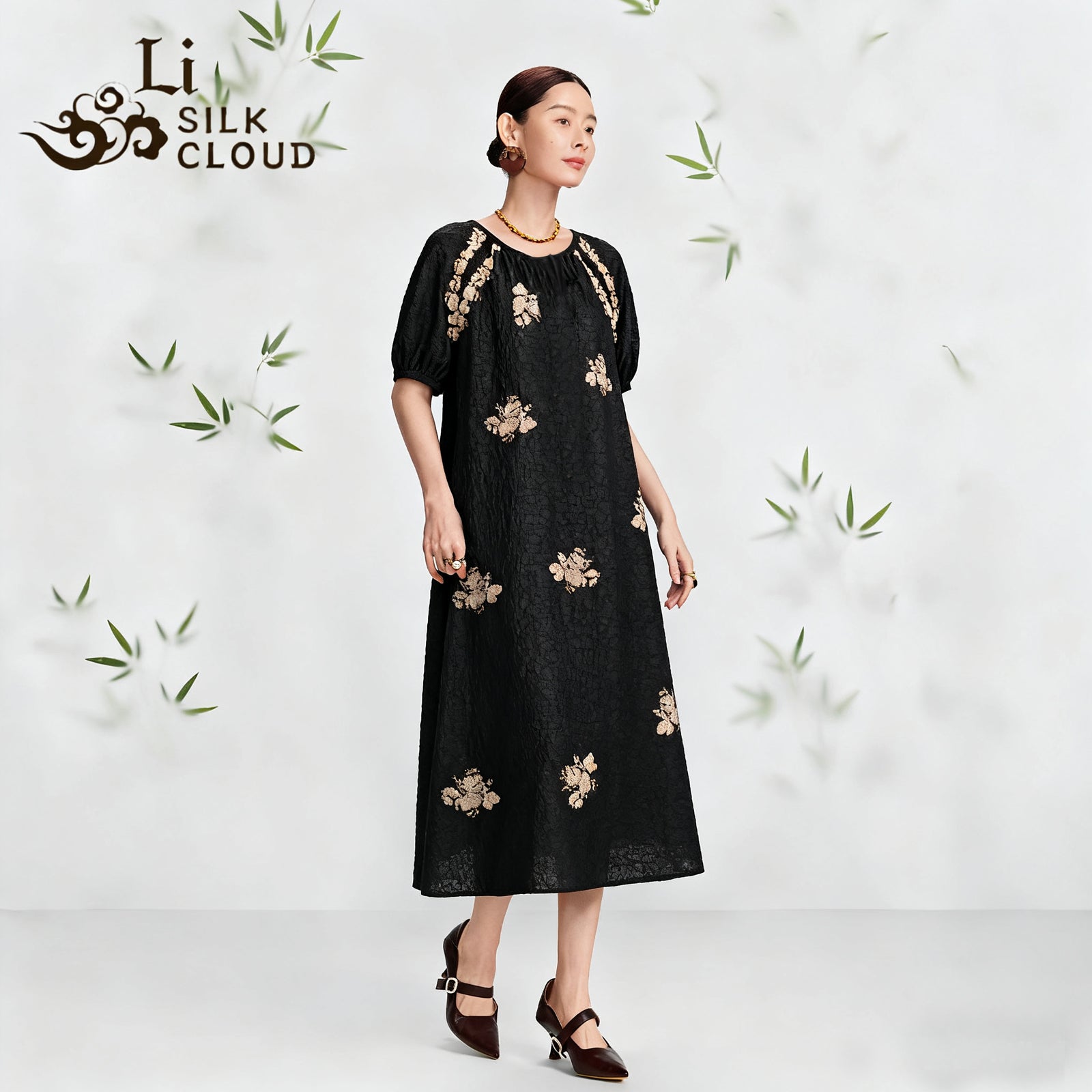 Guangdong Black Pearl Gambiered Guangdong Gauze xiangyunsha Dress, Silk Blend, High-Waisted for Longer Legs, Elegant for Early Autumn Outer Wear & Late Autumn Layering with Coats