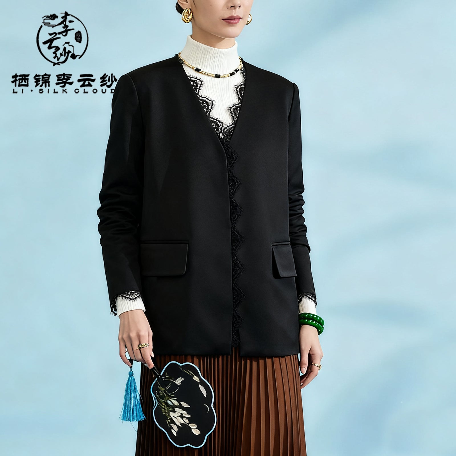 Guangdong Black Pearl Gambiered Guangdong Gauze xiangyunsha Blazer, Silk Blend, Drapable & Structured Without Slouching, Professional Look with Trousers for Wor