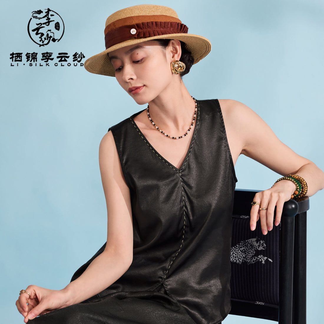Camisole Top - Pure Black Drapey Mulberry Silk Vest, Traditional Craft for Inner/Outer Wear,Guangdong Black Pearl Gambiered Guangdong Gauze xiangyunsha