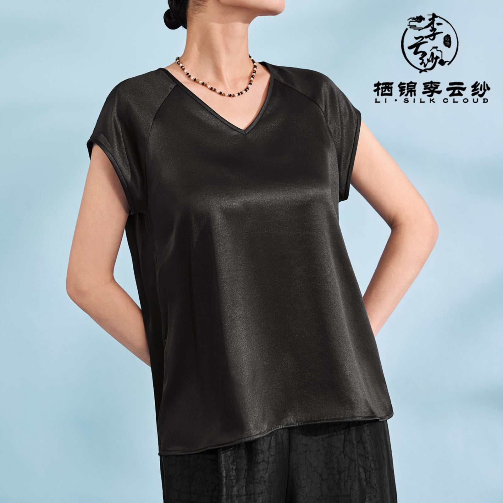 Short Sleeve Blouse Casual Summer Silk Top，Guangdong Black Pearl Gambiered Guangdong Gauze xiangyunsha