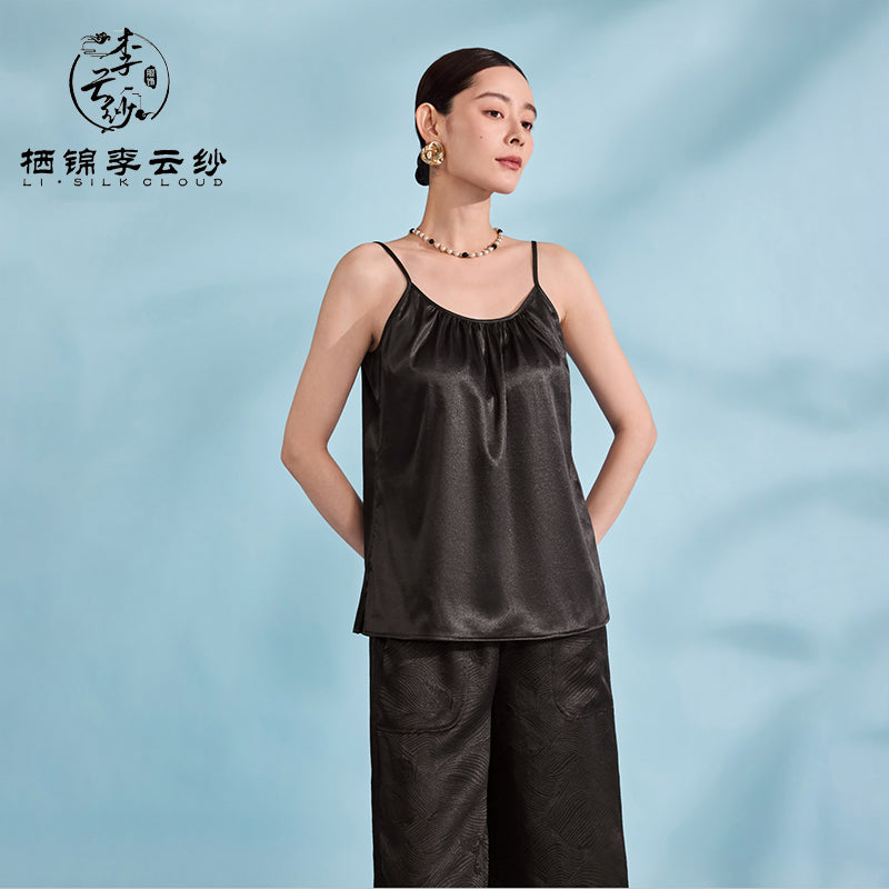Camisole Top - 100% Natural Silk, Elegant Sleeveless Design，Guangdong Black Pearl Gambiered Guangdong Gauze xiangyunsha