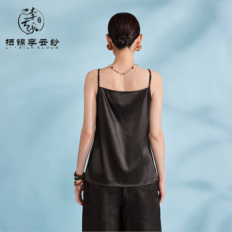 Camisole Top - 100% Natural Silk, Elegant Sleeveless Design，Guangdong Black Pearl Gambiered Guangdong Gauze xiangyunsha